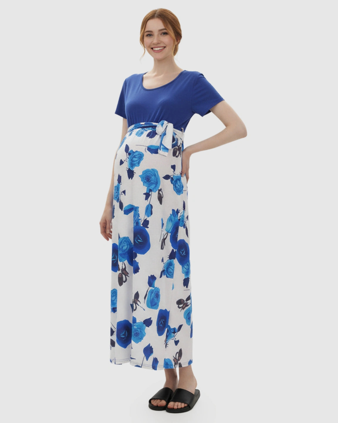 Belted Floral Loose Maternity Maxi Dress