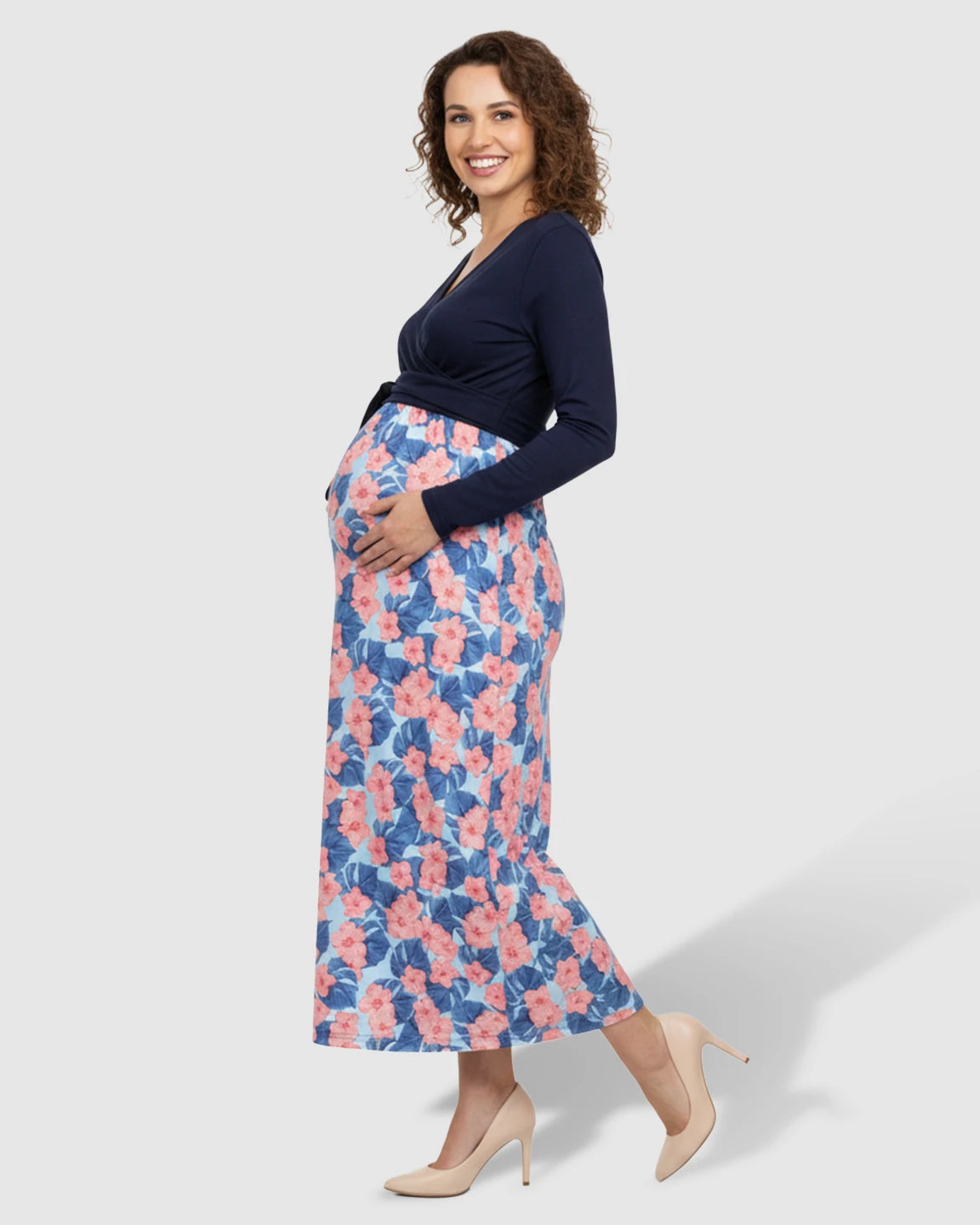 Floral V-Neck Maternity Midi Dress