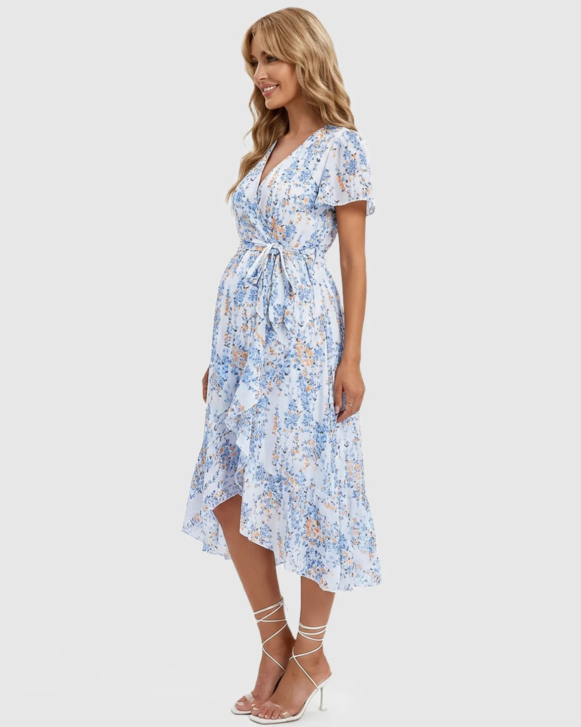 Tie Waist Floral Print Maternity Midi Dress