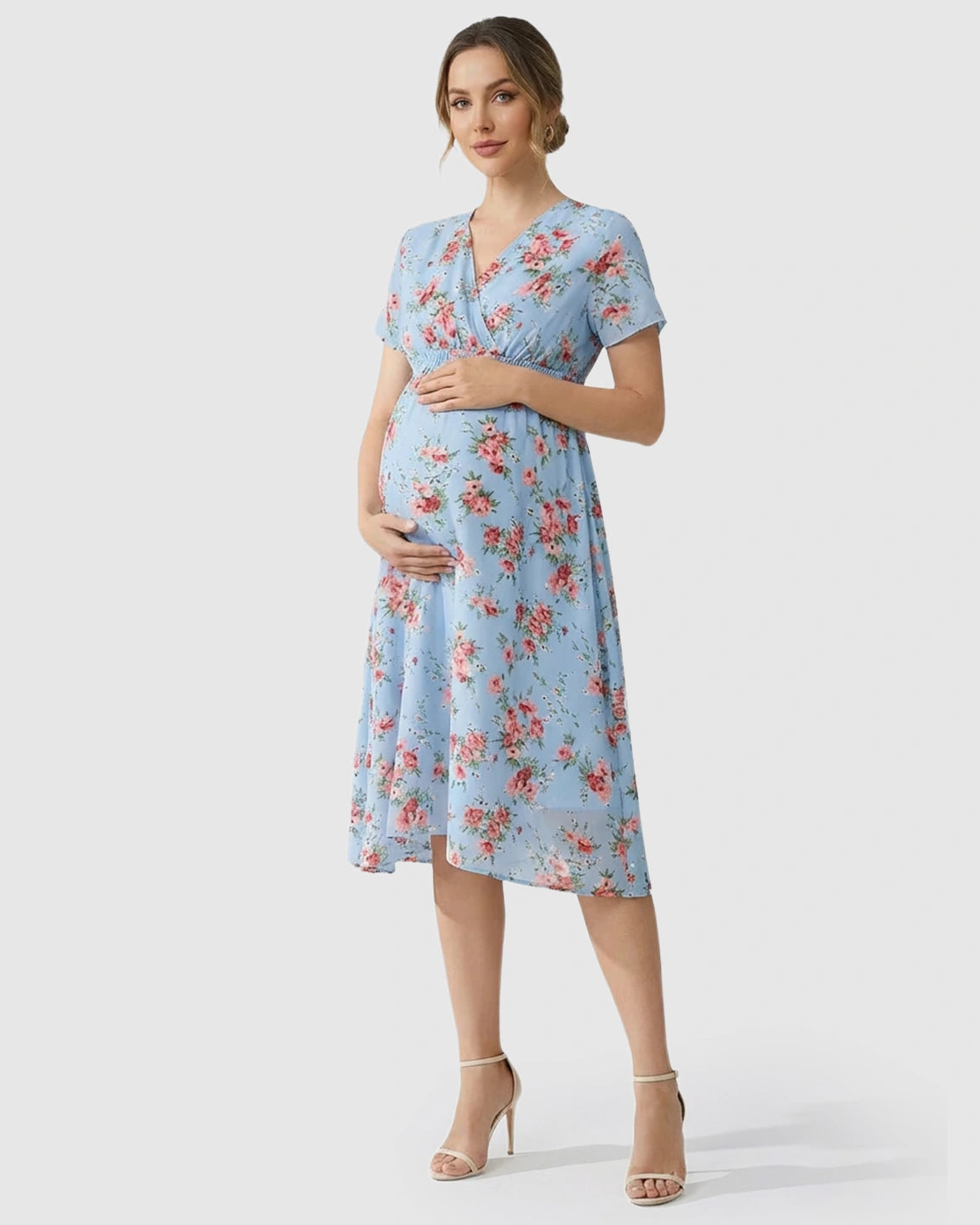 Chiffon Fabric Floral Print Maternity Midi Dress