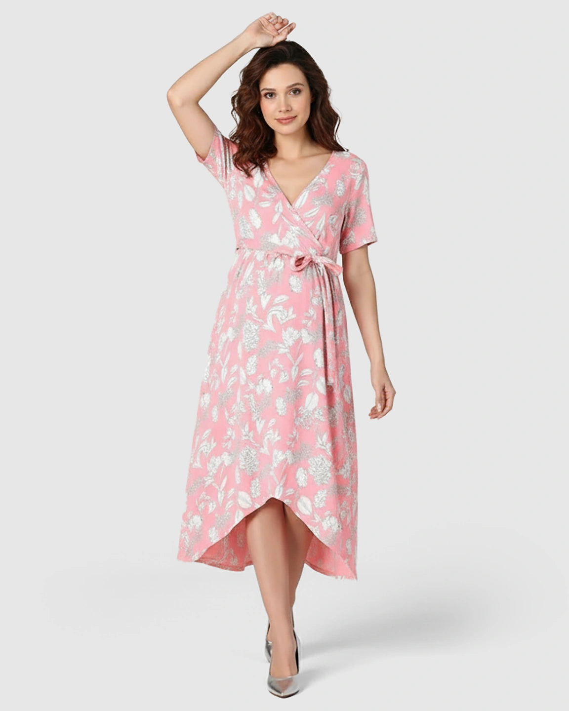 V-Neck Floral Wrap Maternity Midi Dress