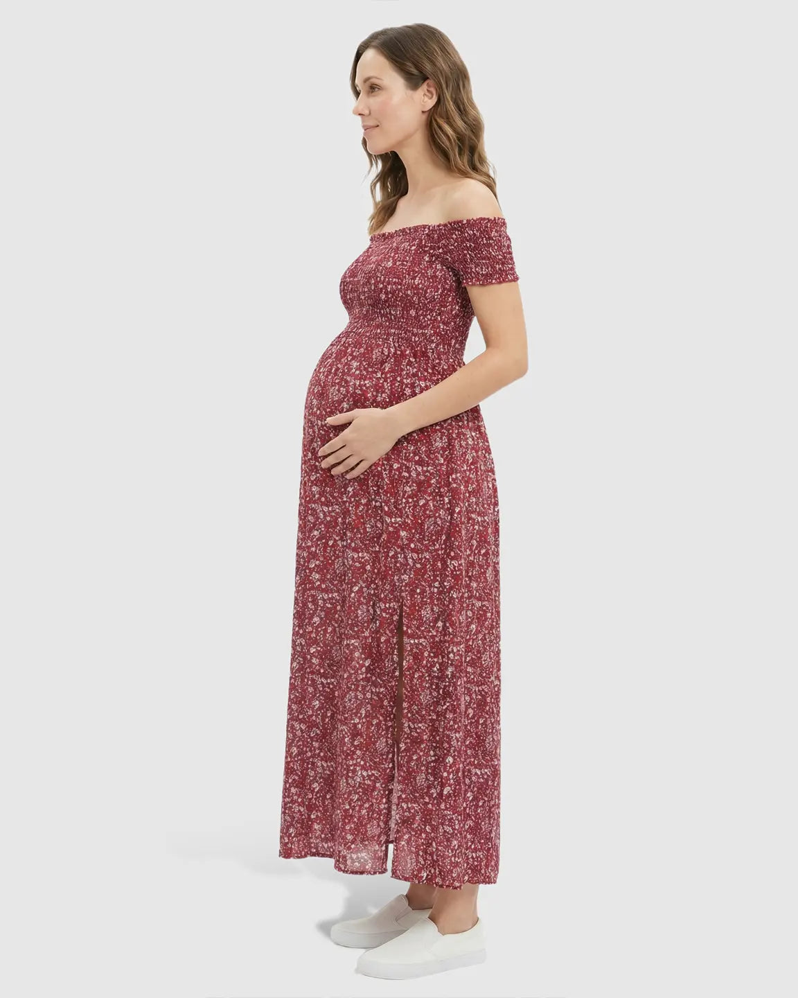 Off-Shoulder Floral Pattern Maternity Maxi Dress