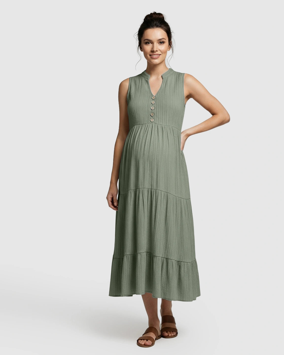 Button-Front Detail Tiered Maternity Midi Dress