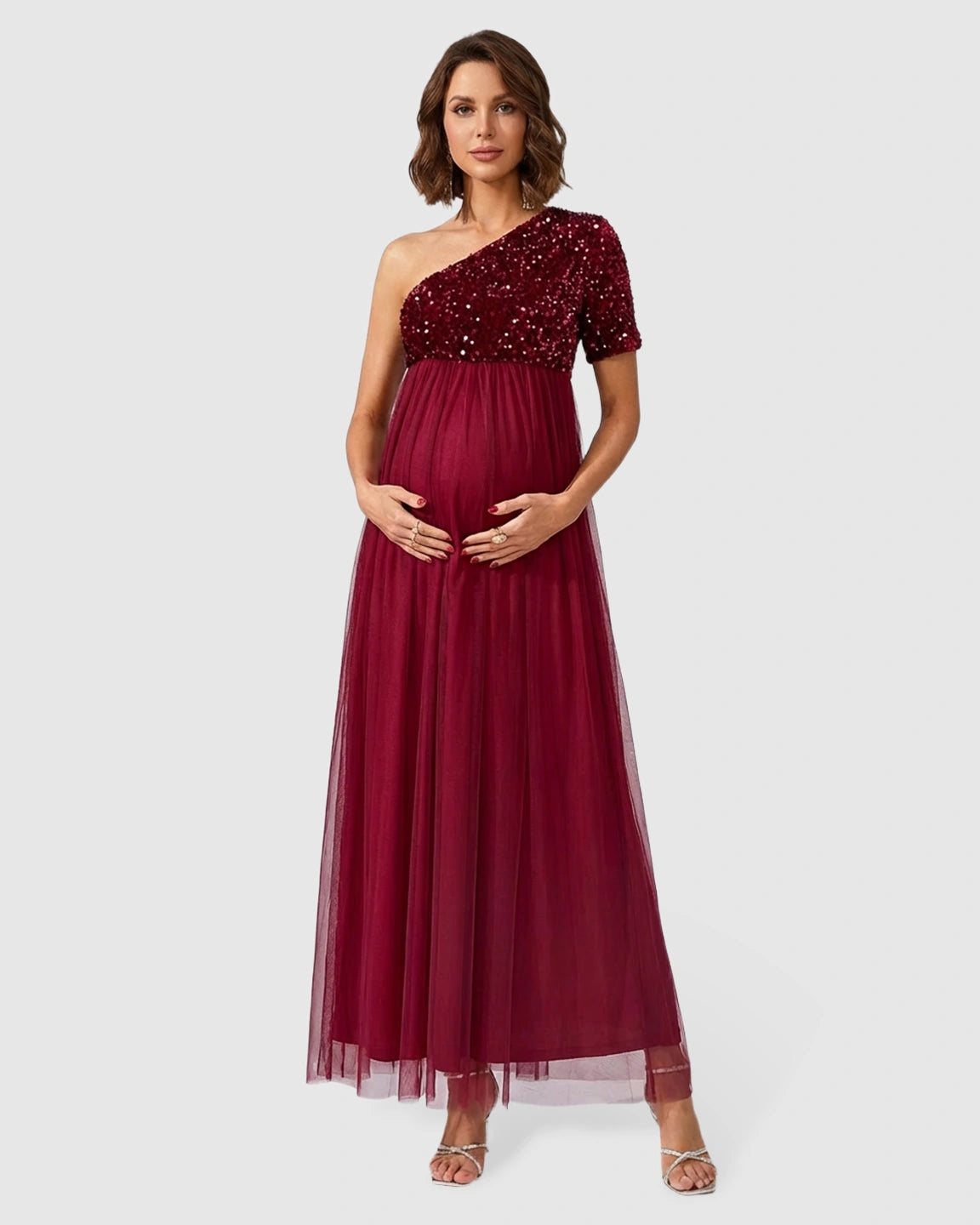 Sequin One-Shoulder Elegant Maternity Maxi Dress