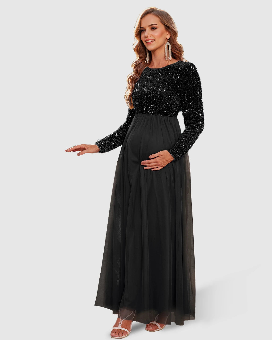 Sequin Long-Sleeve Empire Waist Maternity Maxi Dress