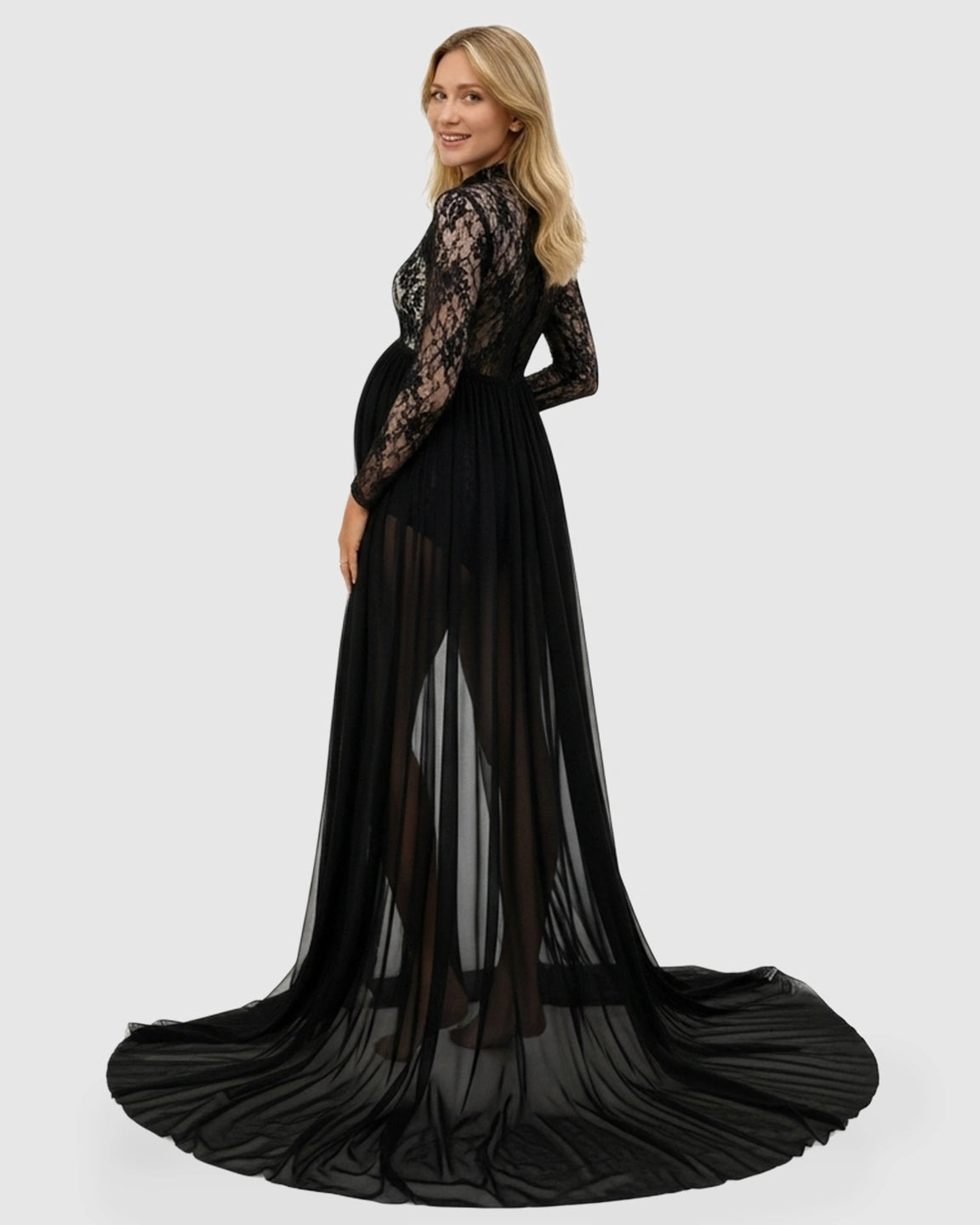 Sheer Lace Double Slit Maternity Photoshoot Gown