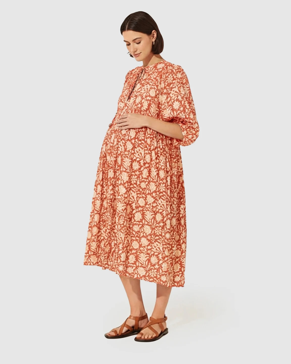 Puff Sleeve Floral Print Loose Maternity Dress