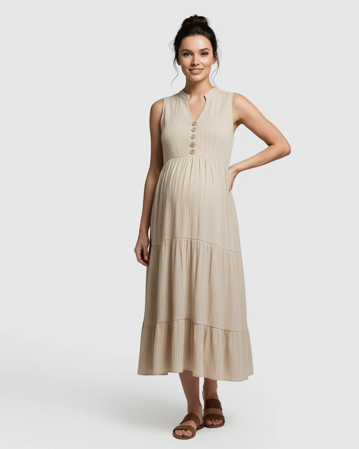 Button-Front Detail Tiered Maternity Midi Dress