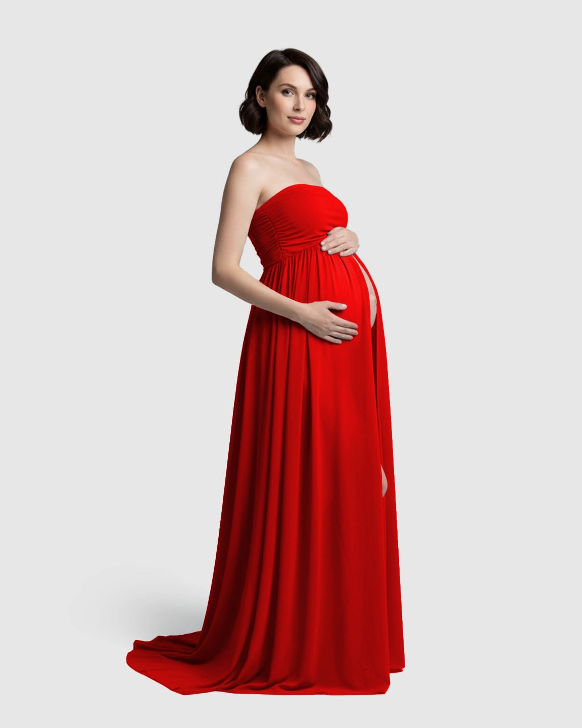Strapless Ruched Front Slit Maternity Photoshoot Dress