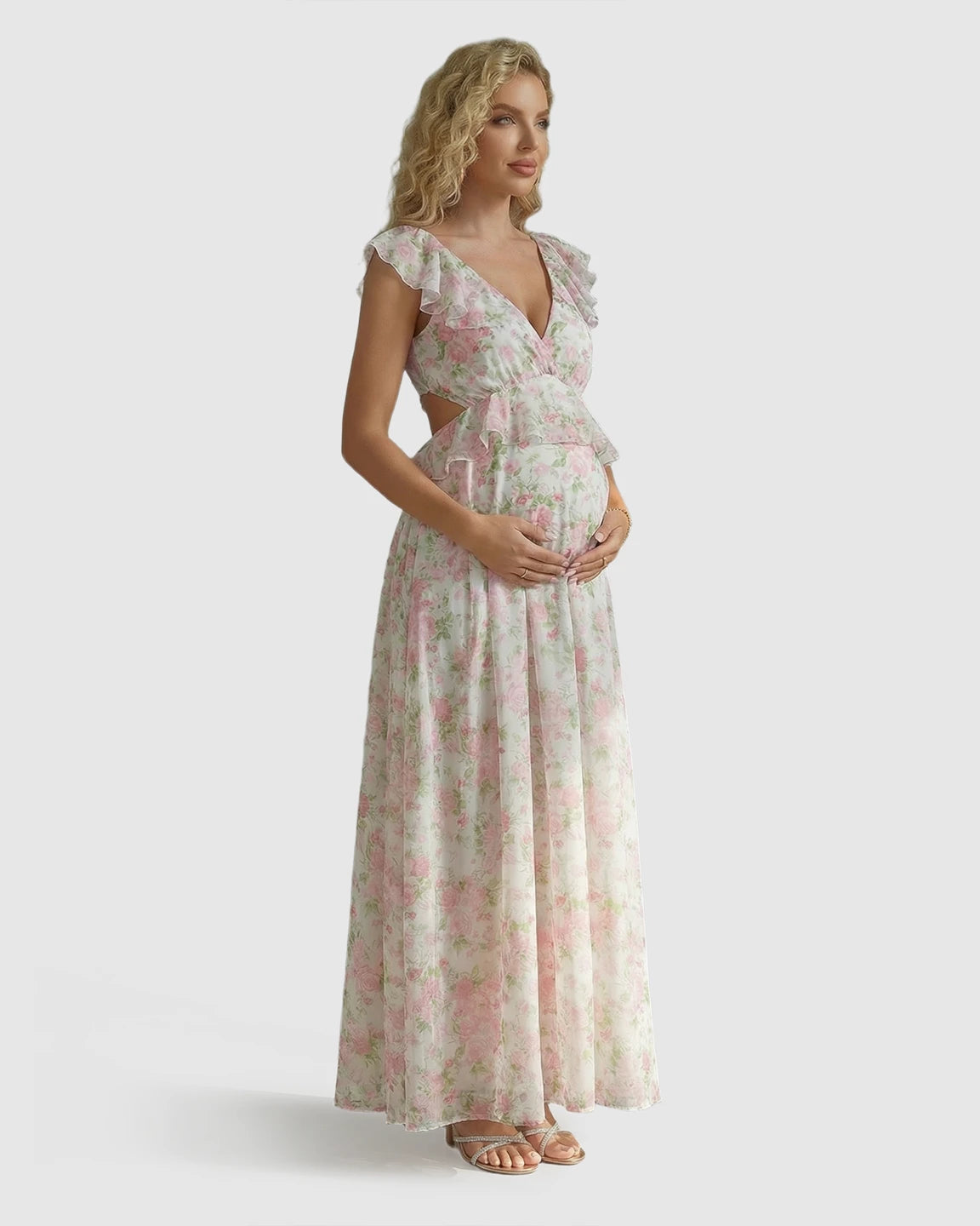 Ruffle Cap Sleeve Romantic Floral Maternity Photoshoot Dress
