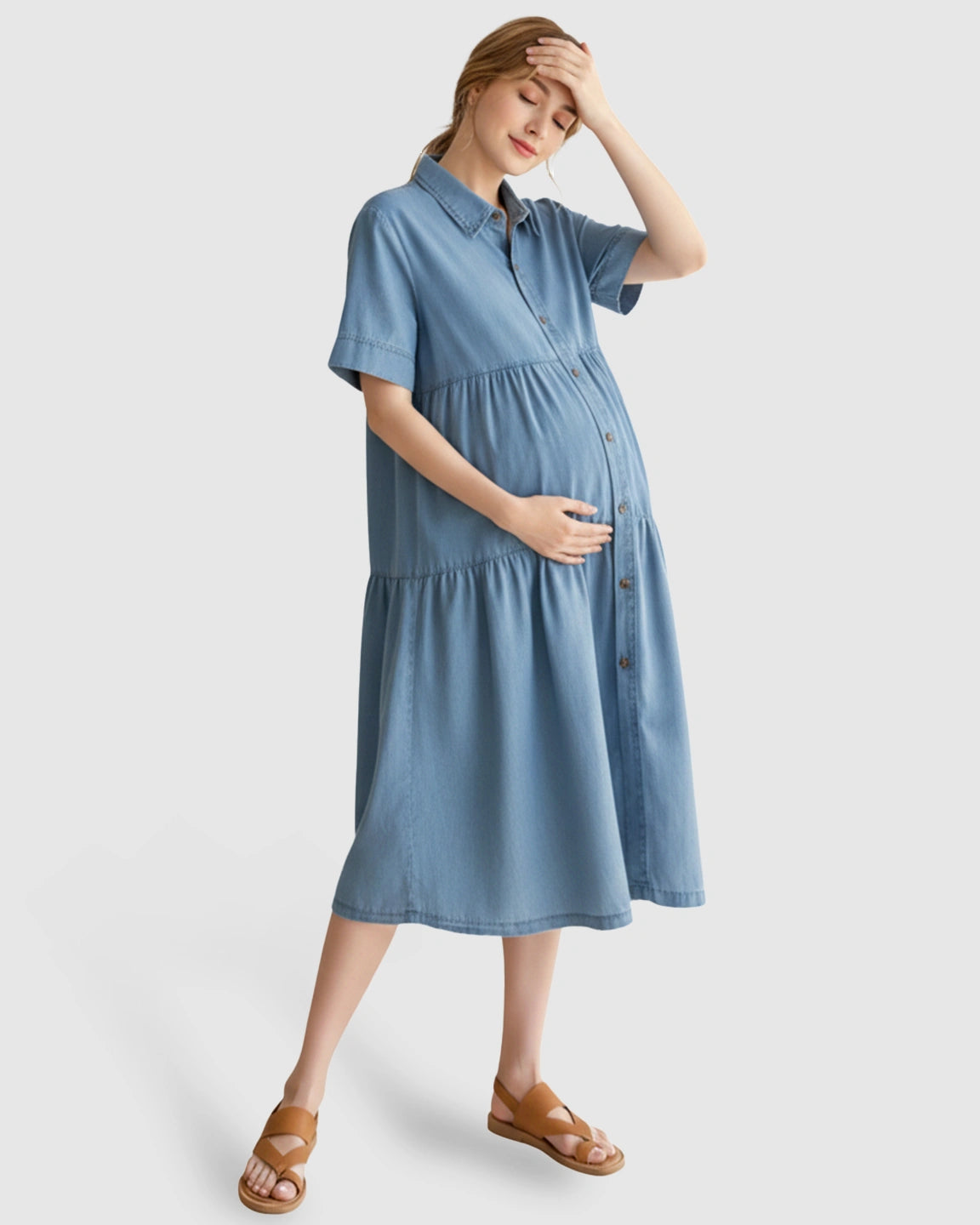 Tiered Denim Casual Maternity Midi Dress