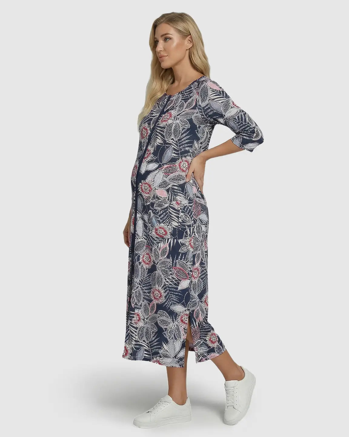 Full Front Zipper Floral Maternity Nursing Lounge Dress