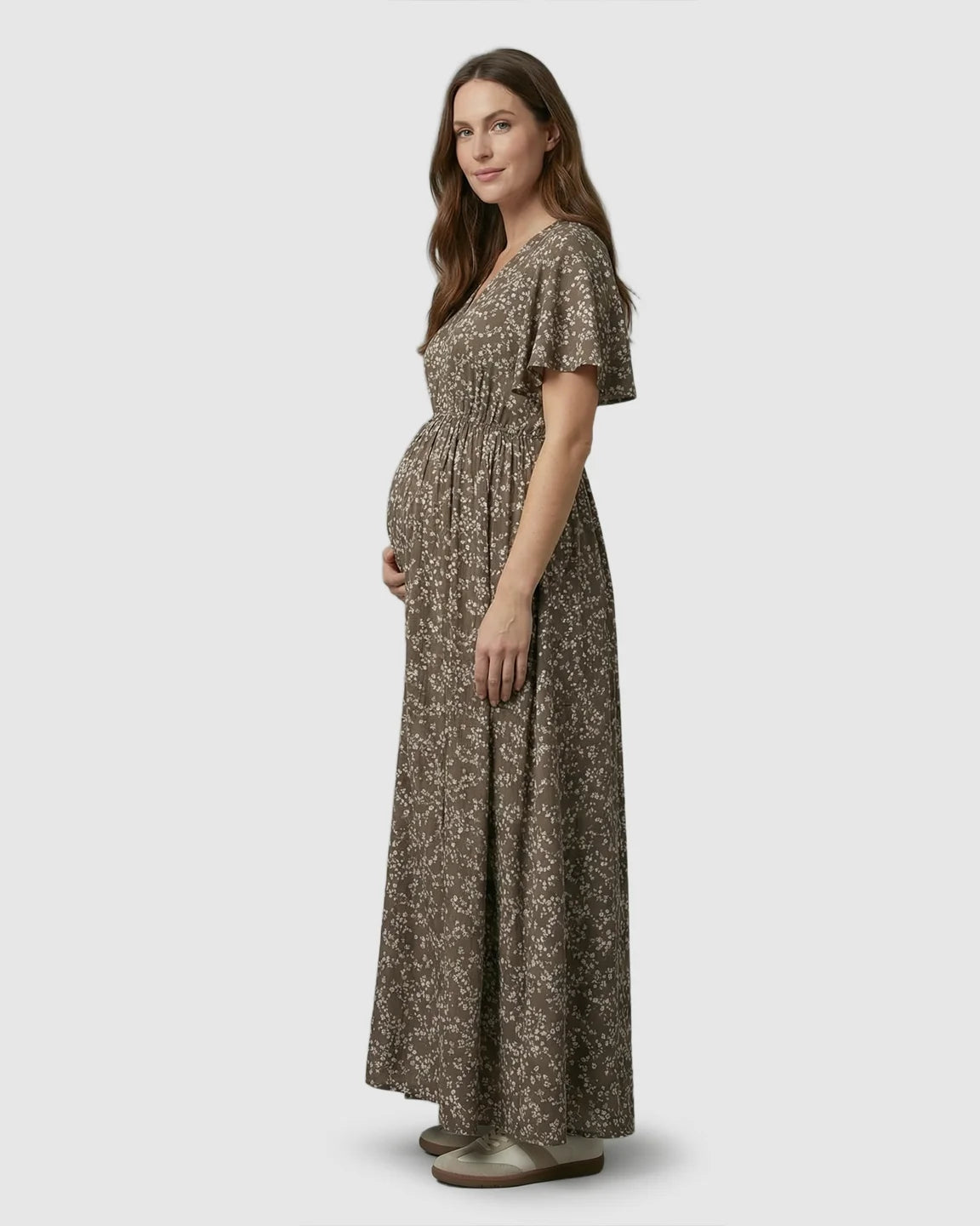 Cinched Waist Bohemian Floral Maternity Maxi Dress