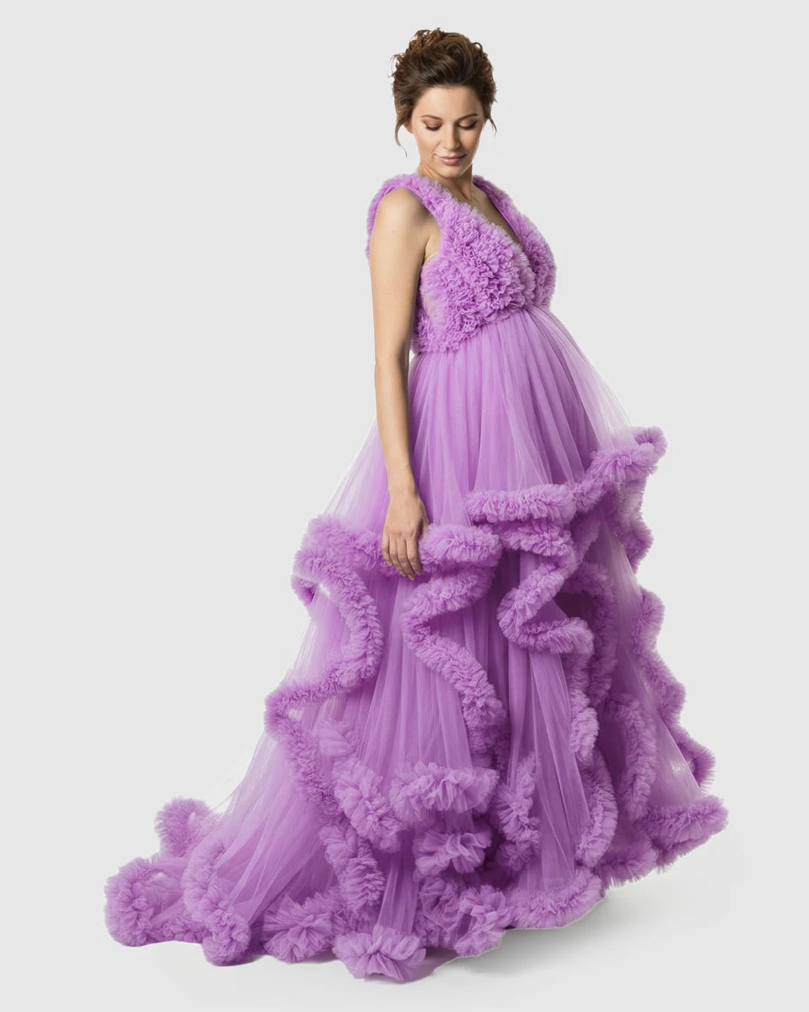 Ruffled Bodice Multi-Layer Mesh Pleats Maternity Gown