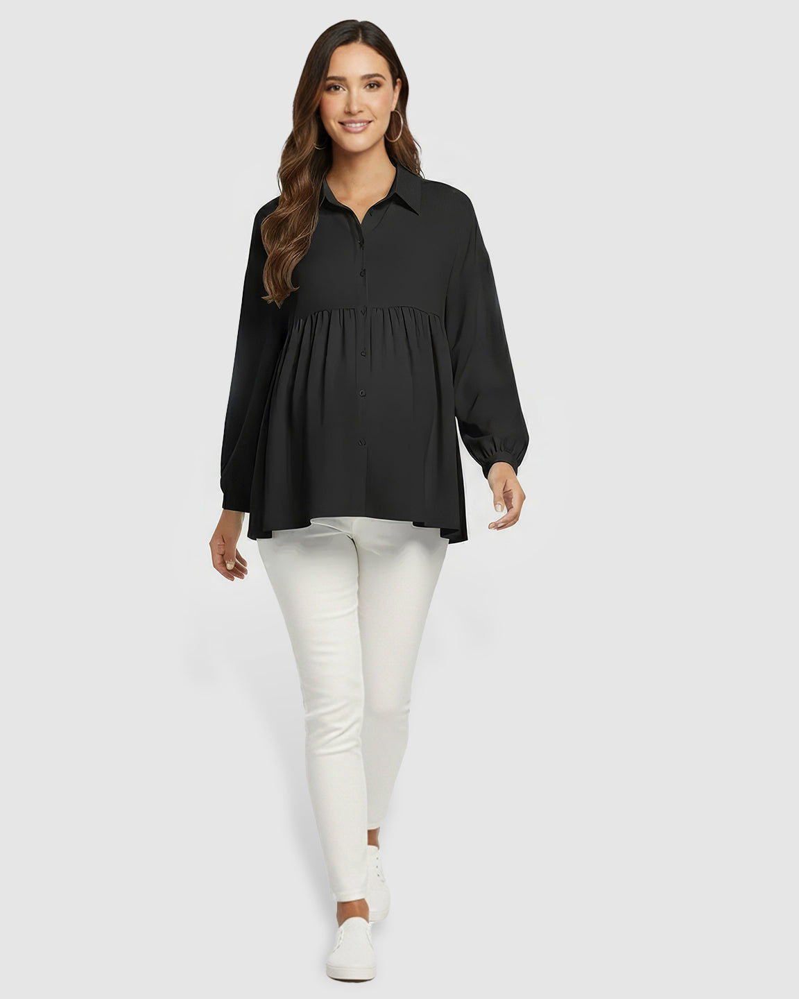 Lapel Long Sleeve Maternity Shirt