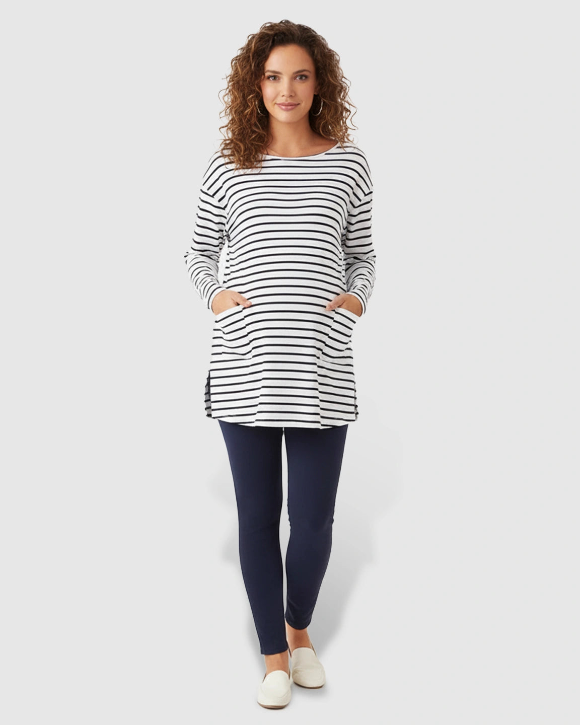 Striped Round Neck Long Sleeve Maternity Top with Pockets