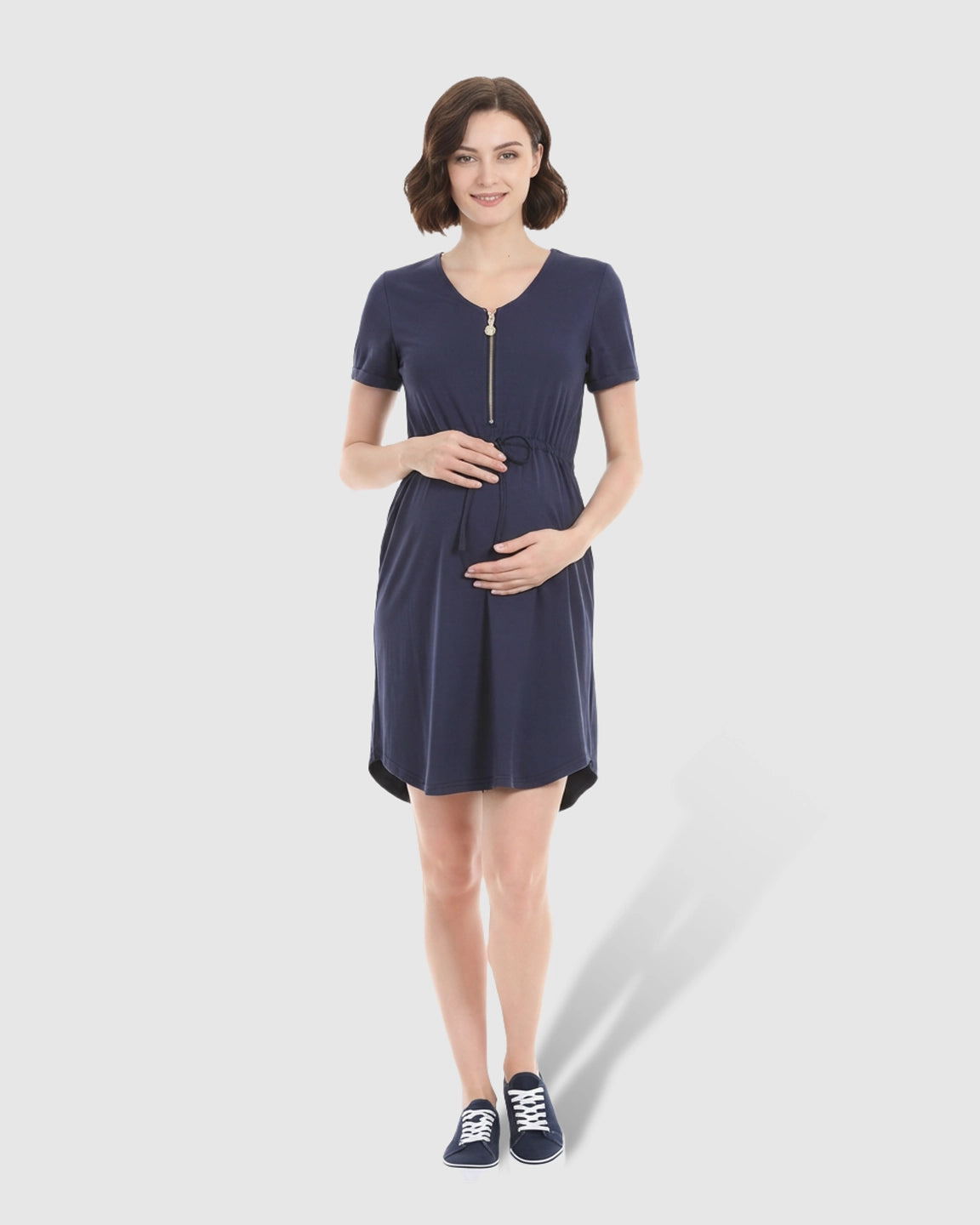 Zip-Up Nursing Drawstring-Waist Maternity Mini Dress