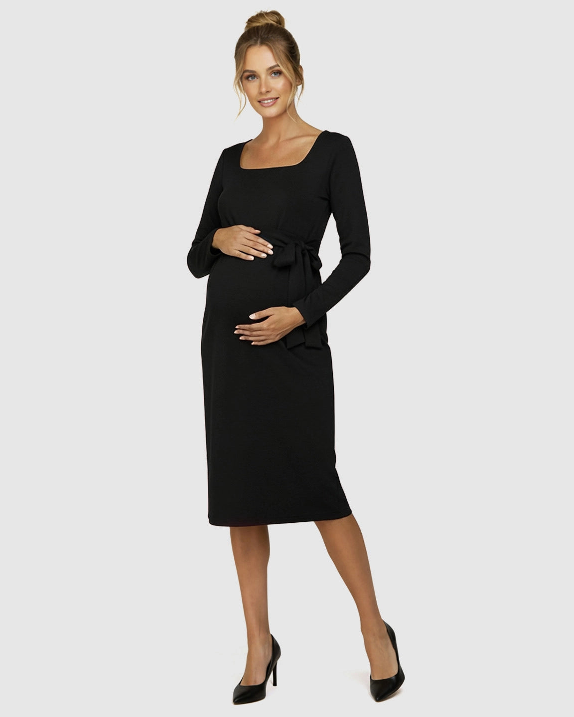 Square Neck Tie-Waist Bodycon Maternity Midi Dress