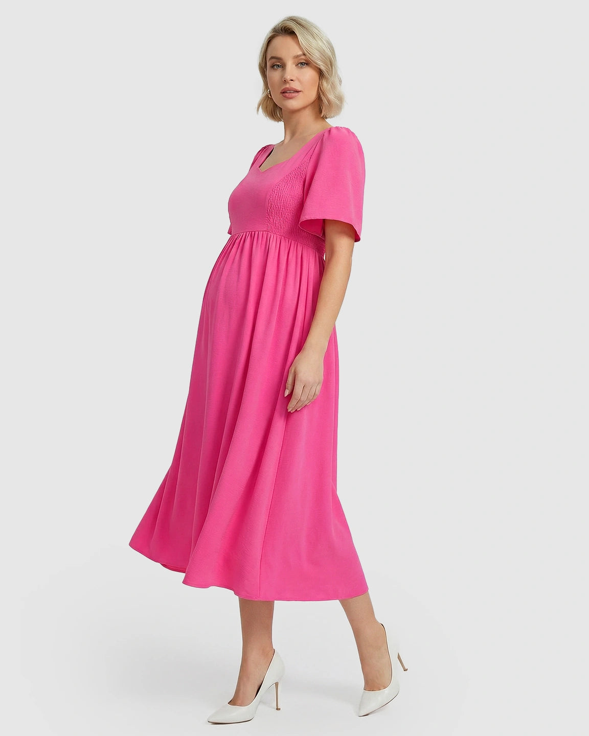 Shirred Ruffle Sleeve Swing Maternity Midi Dress