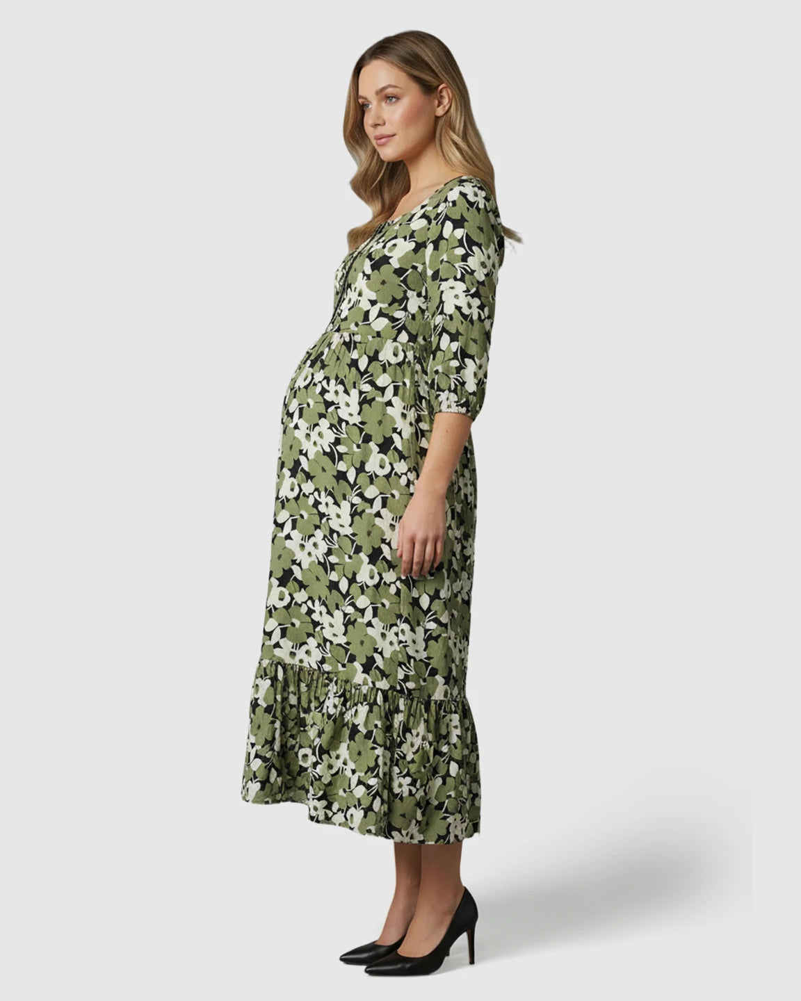 Button-Front Square Neck Maternity Midi Dress