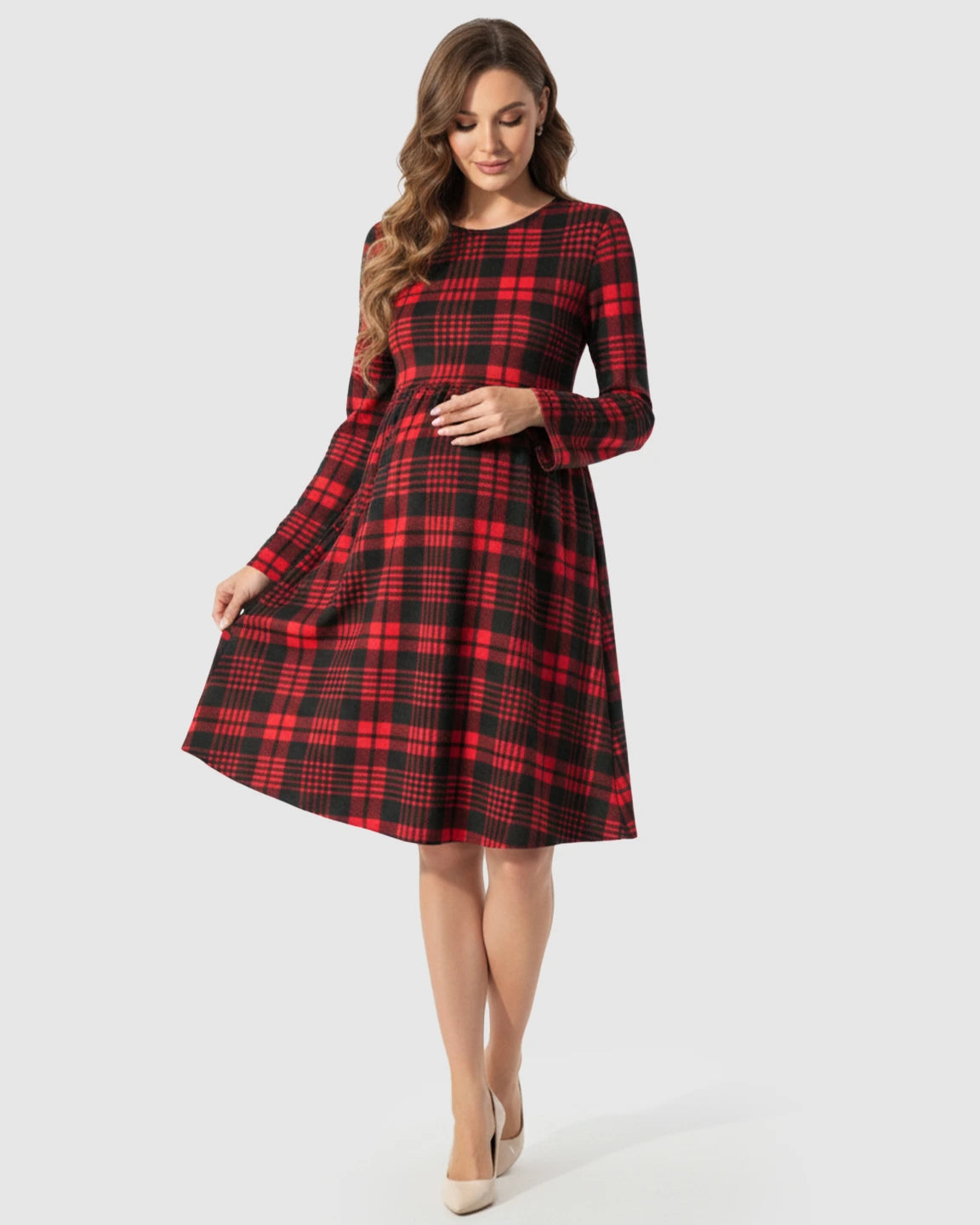 Red & Black Plaid Pattern A-Line Maternity Short Dress