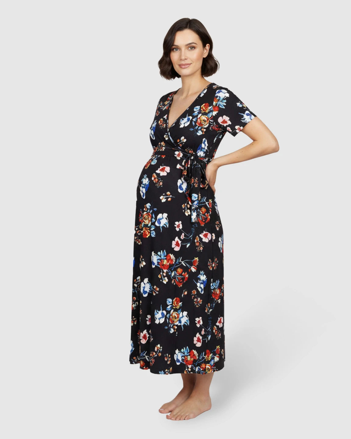 V-Neck Wrap Style Floral Maternity Maxi Dress