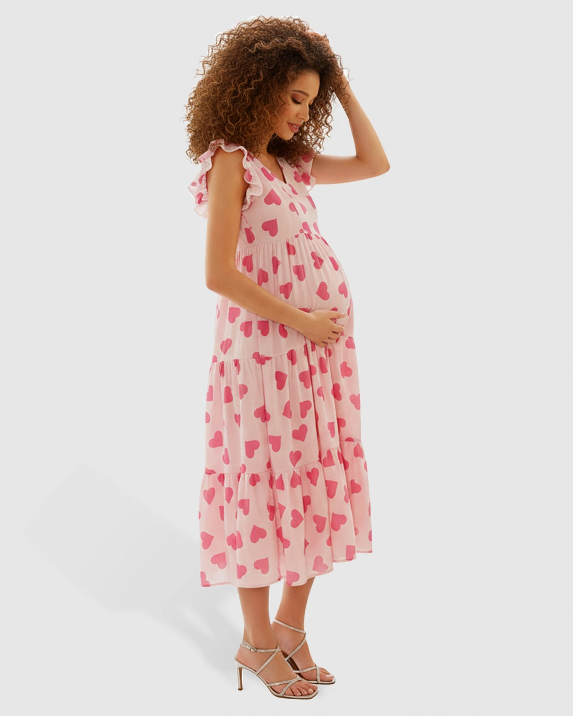 Tiered Skirt Heart Print Maternity Midi Dress
