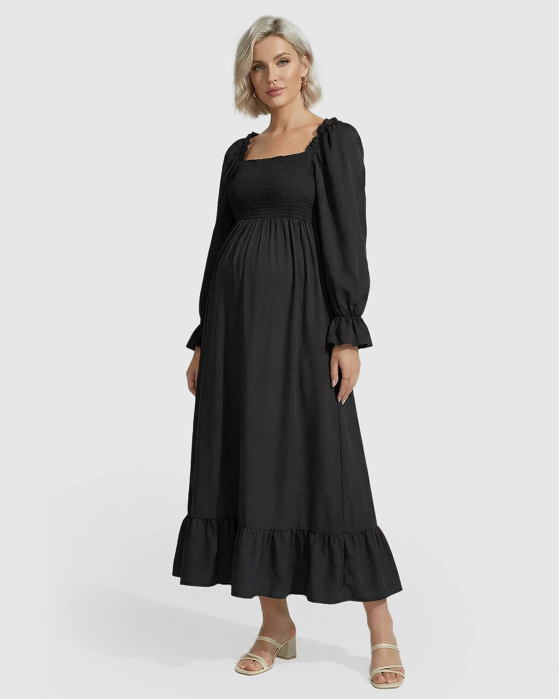 Ruffled Square-Neck Babydoll Maternity Maxi Dress