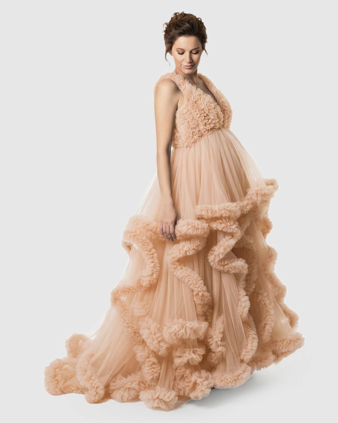 Ruffled Bodice Multi-Layer Mesh Pleats Maternity Gown