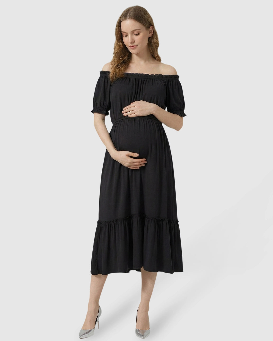 Ruched Off-Shoulder Maternity Midi Dress