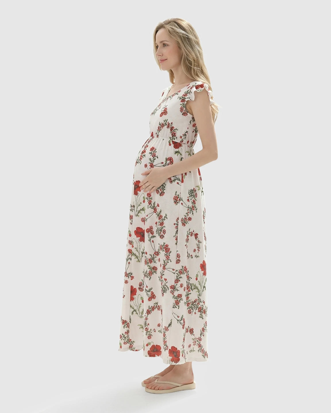 Ruffle Shoulder Floral Maternity Maxi Dress