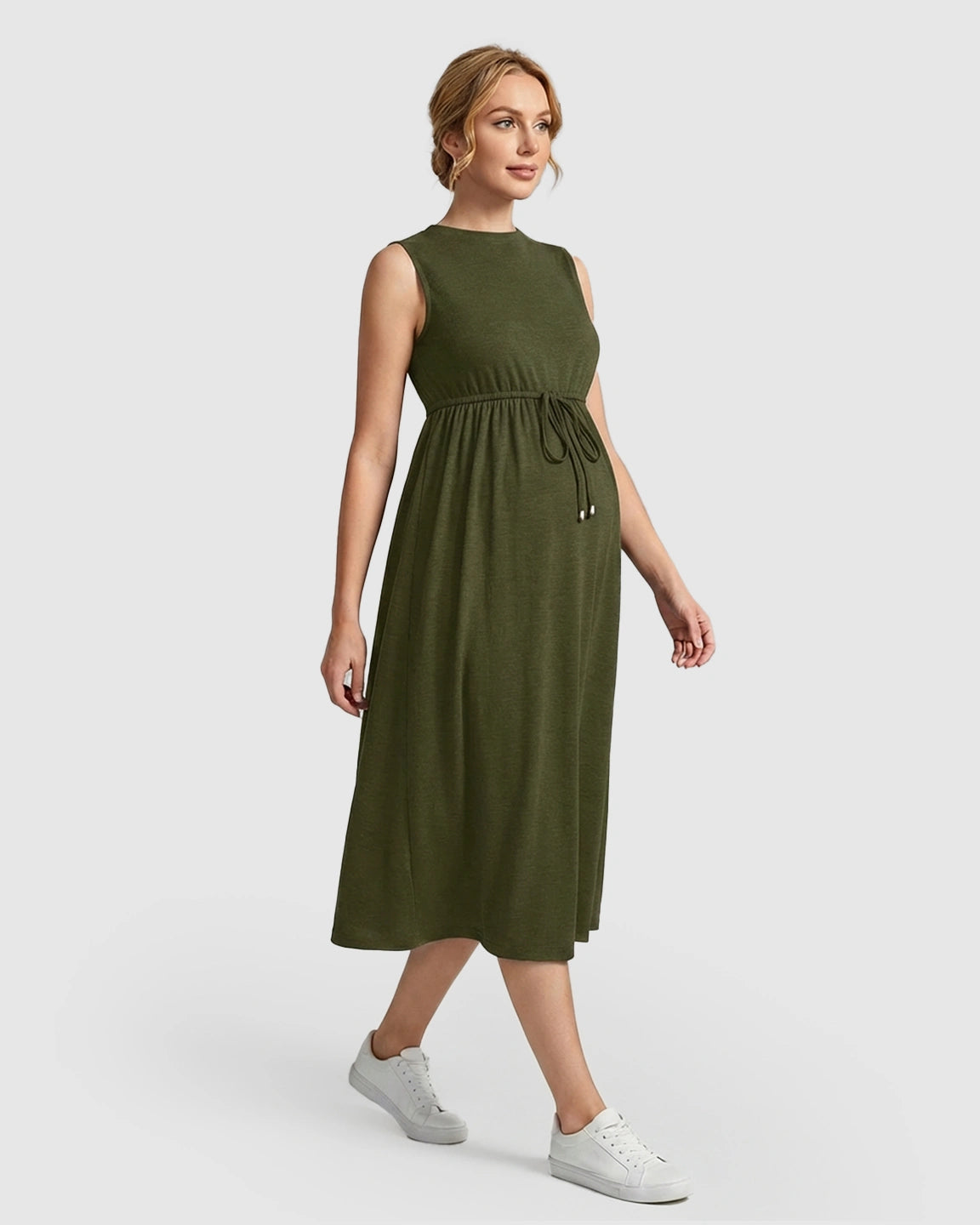 Drawstring Waist Sleeveless Maternity Midi Dress