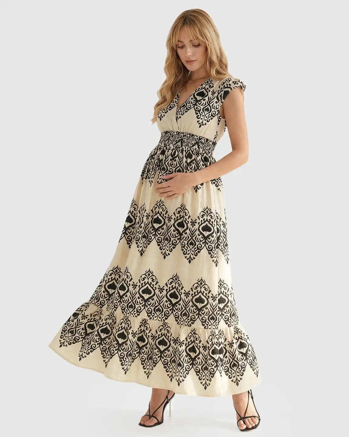 V-neck Ethnic Print Maternity Maxi Dress