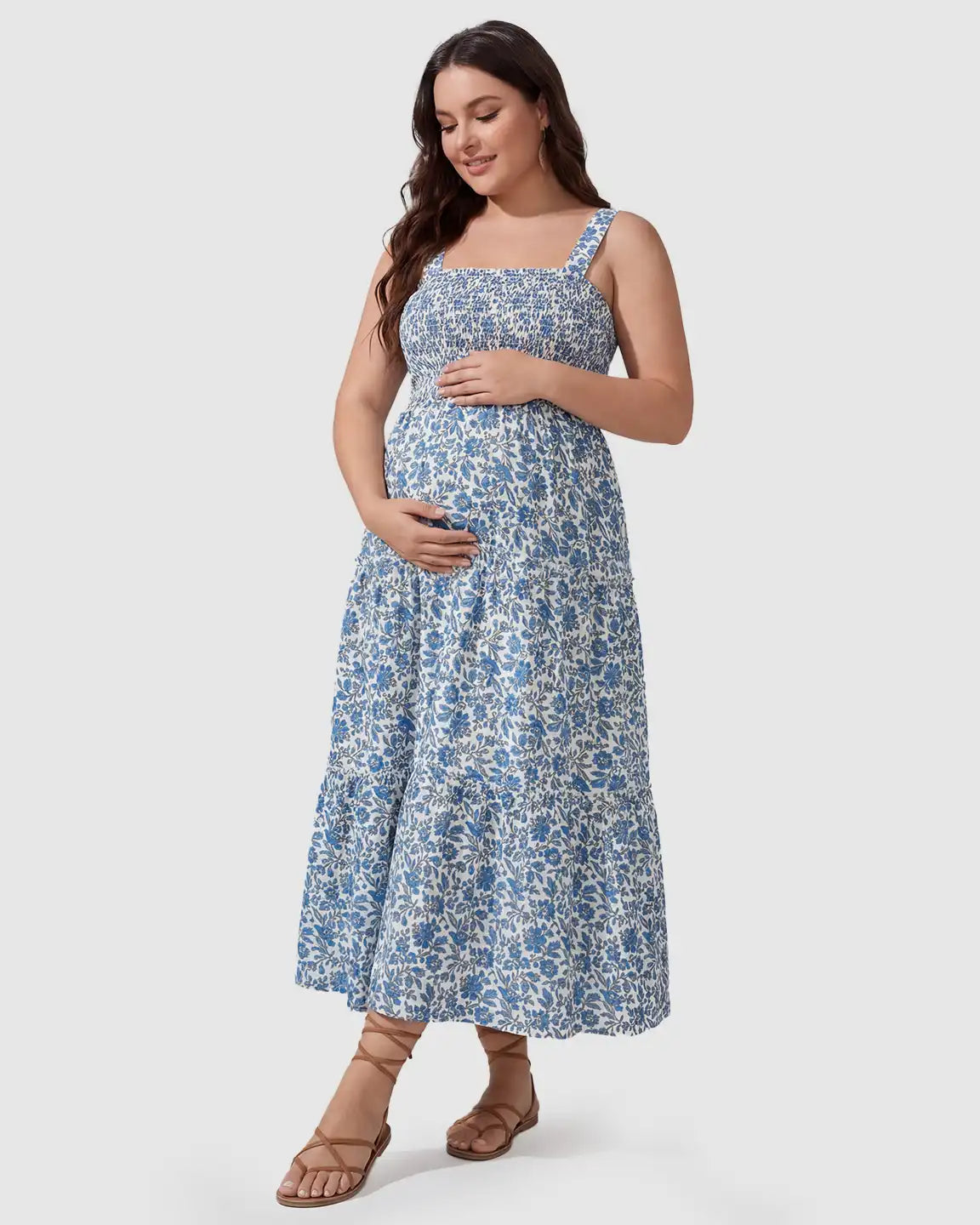 Smocked Floral A-Line Maternity Midi Dress