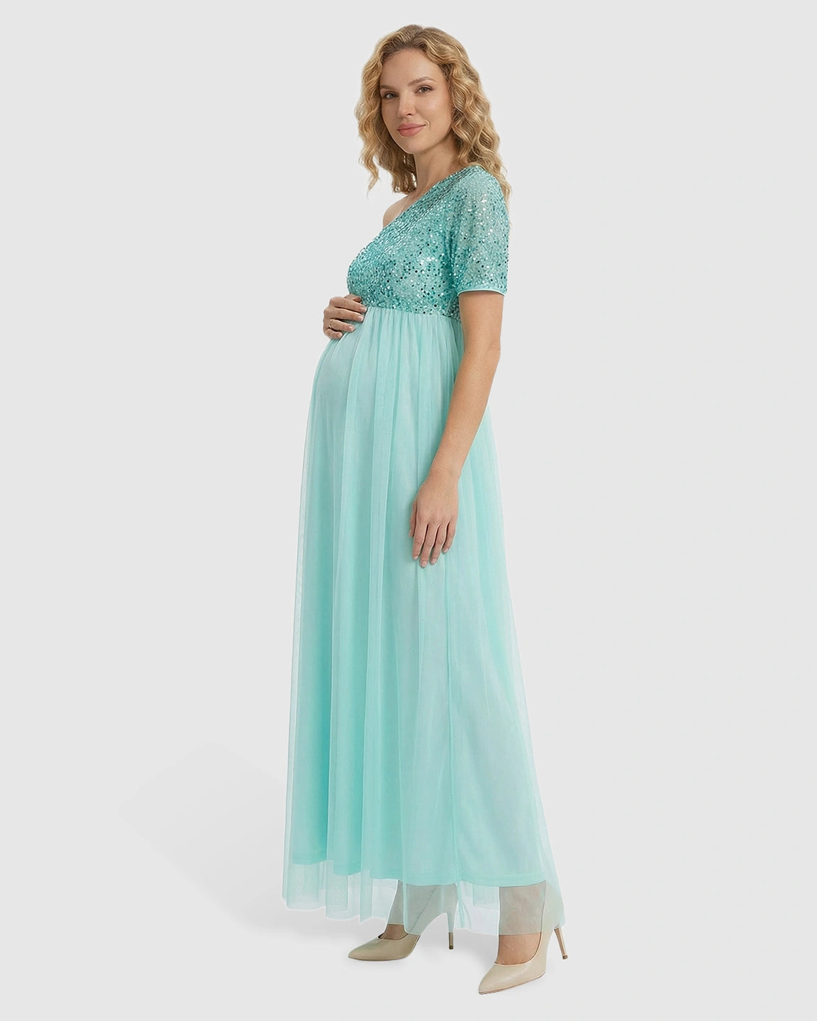 Sequin One-Shoulder Flowy Maternity Maxi Dress