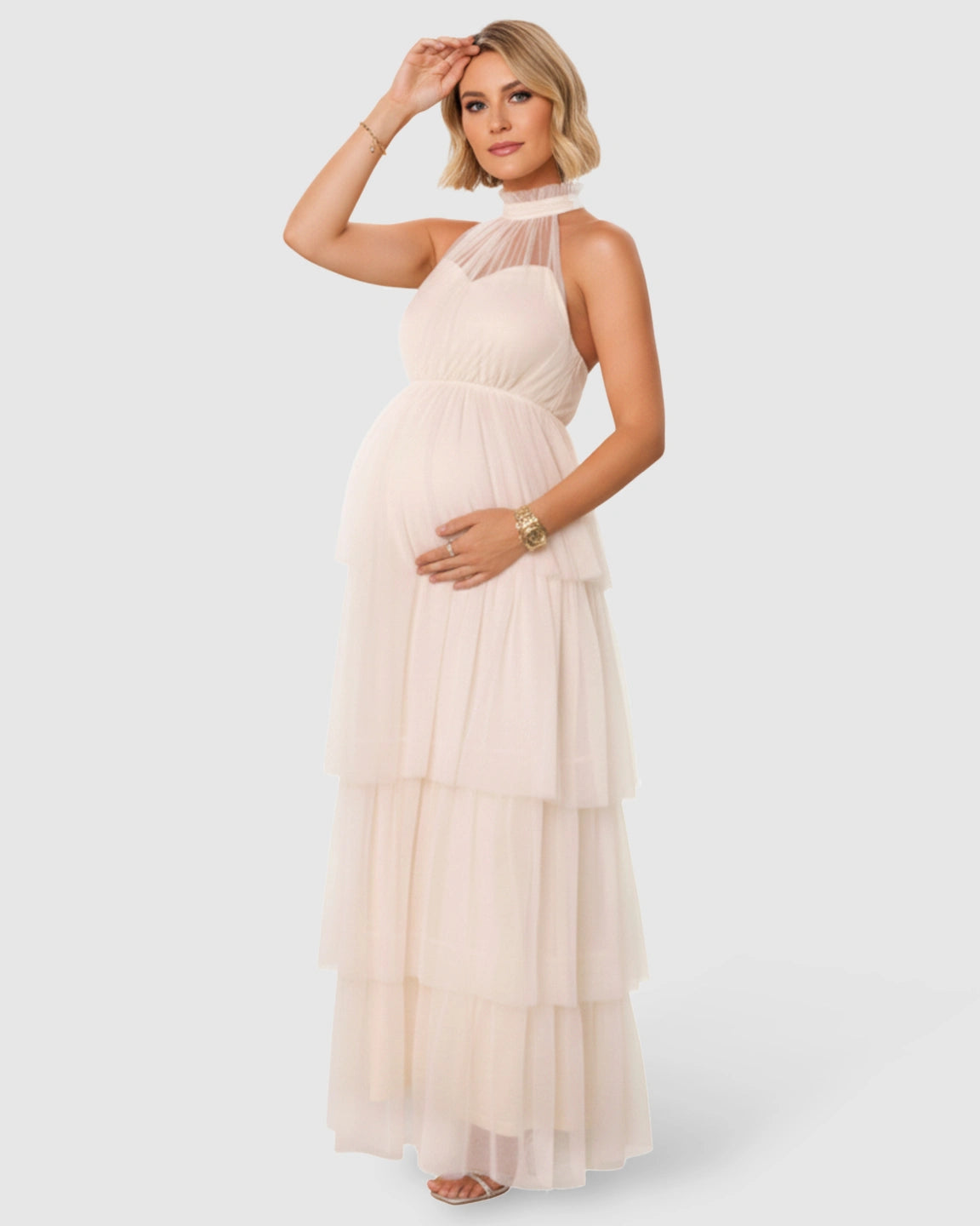 Halter Neck Tiered Mesh Maternity Gown