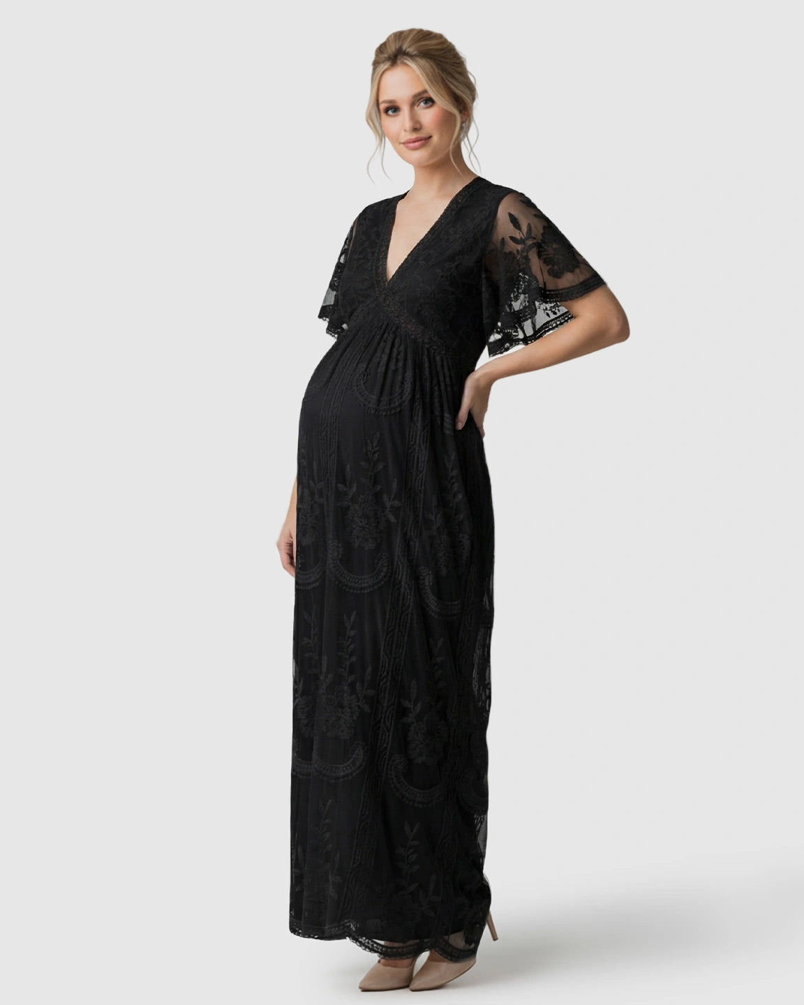 Sheer-Lace Romantic Maternity Maxi Dress