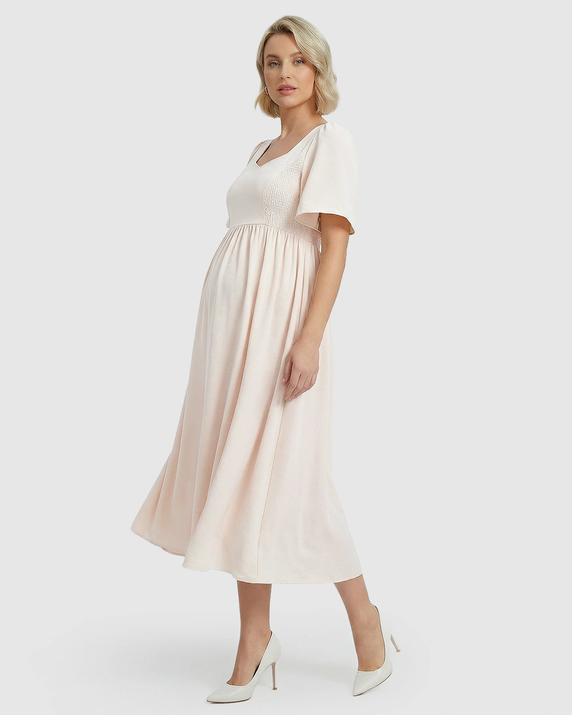 Shirred Ruffle Sleeve Swing Maternity Midi Dress