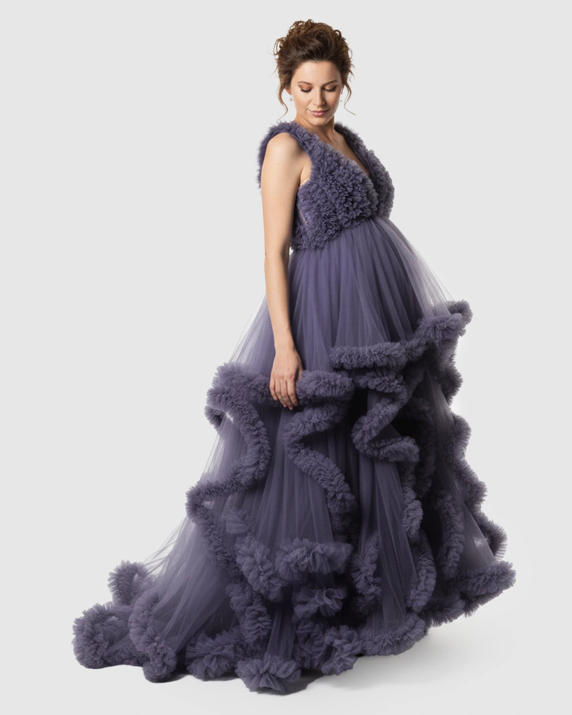 Ruffled Bodice Multi-Layer Mesh Pleats Maternity Gown
