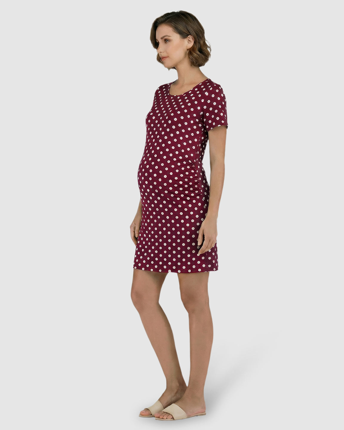 Ruched Polka Dot Bodycon Maternity Midi Dress