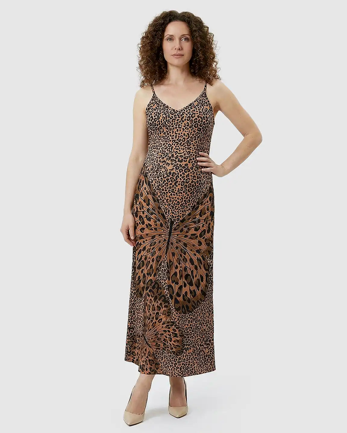 Sling V-Neck Leopard Print Maternity Midi Dress