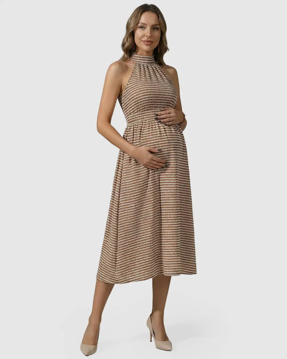 Halter Mock Neck Retro Maternity Midi Dress