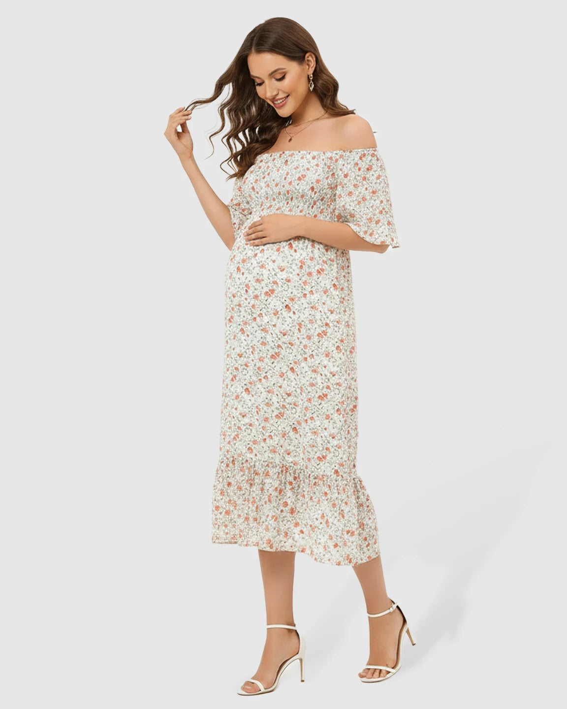 Off-Shoulder Boho Maternity Midi Dress
