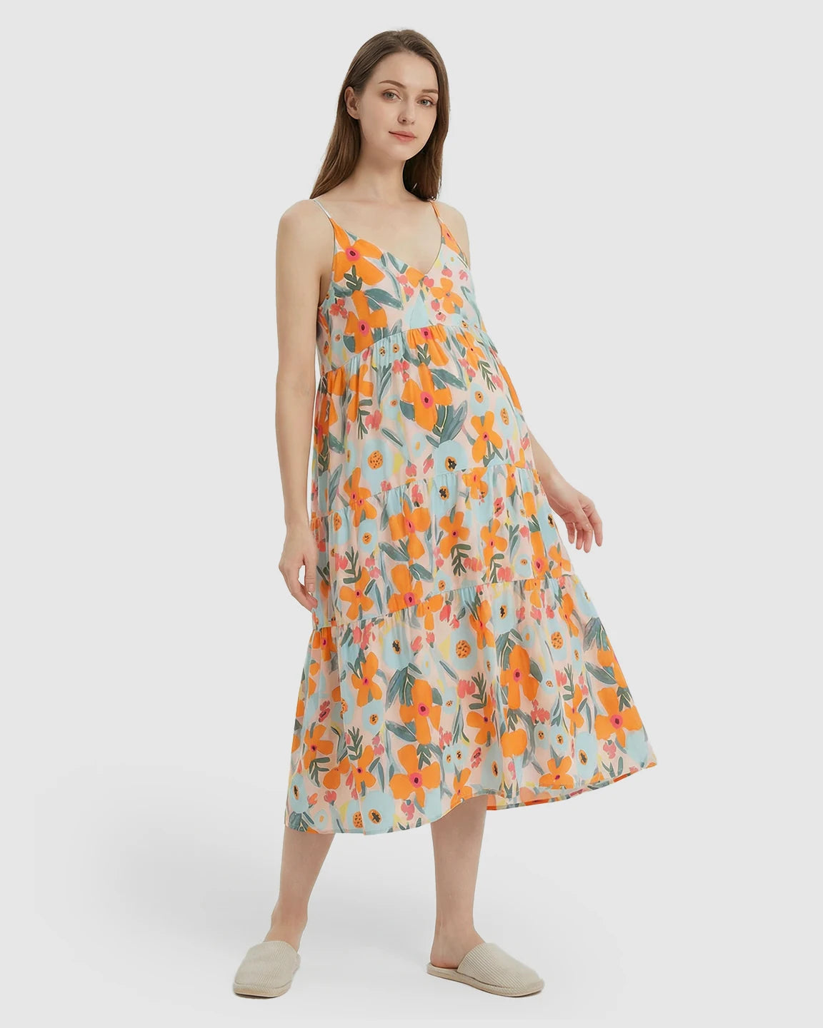 Spaghetti Strap Large Floral Print Maternity Nightdress