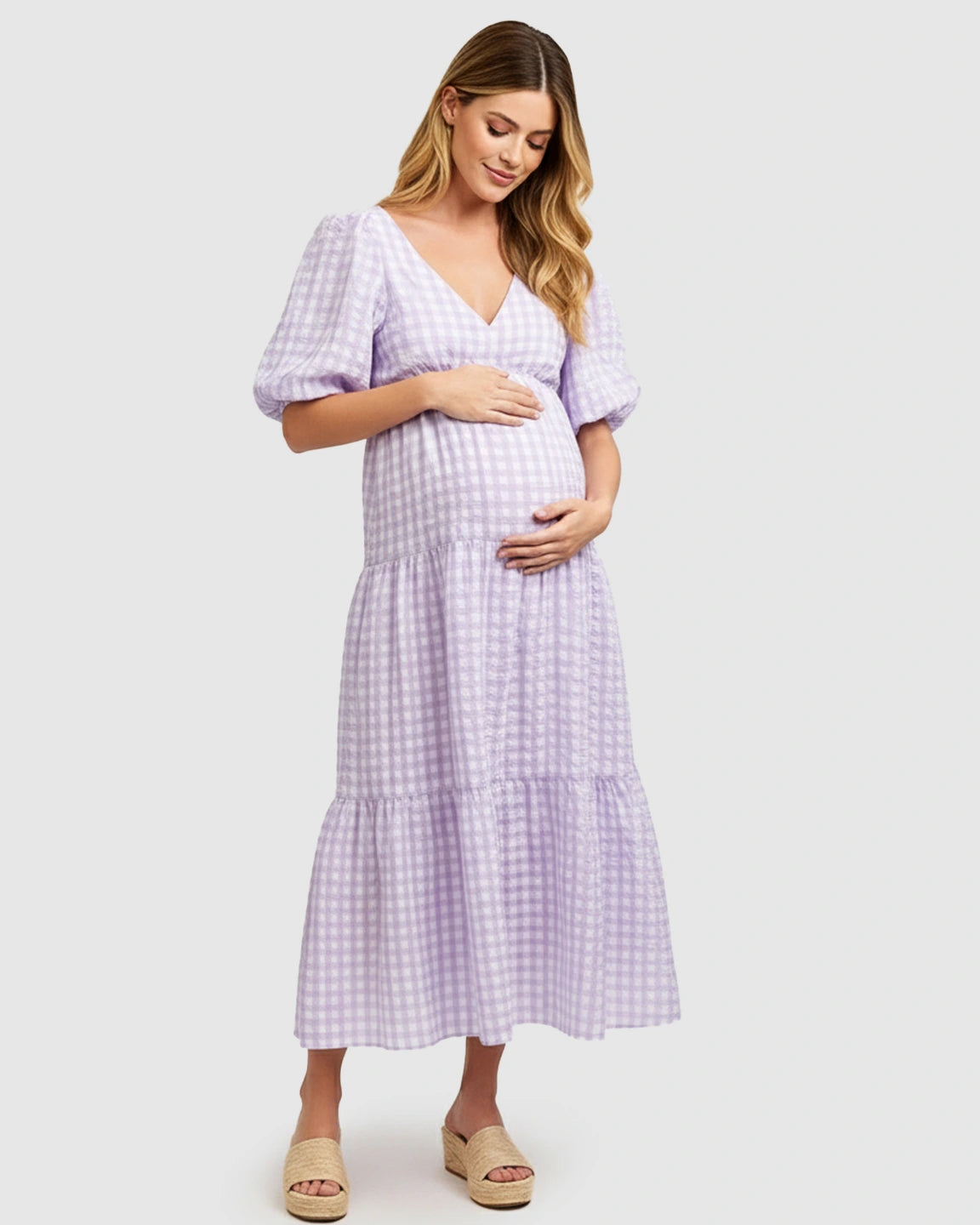 Puffed Sleeves Checkered Maternity Maxi Dress