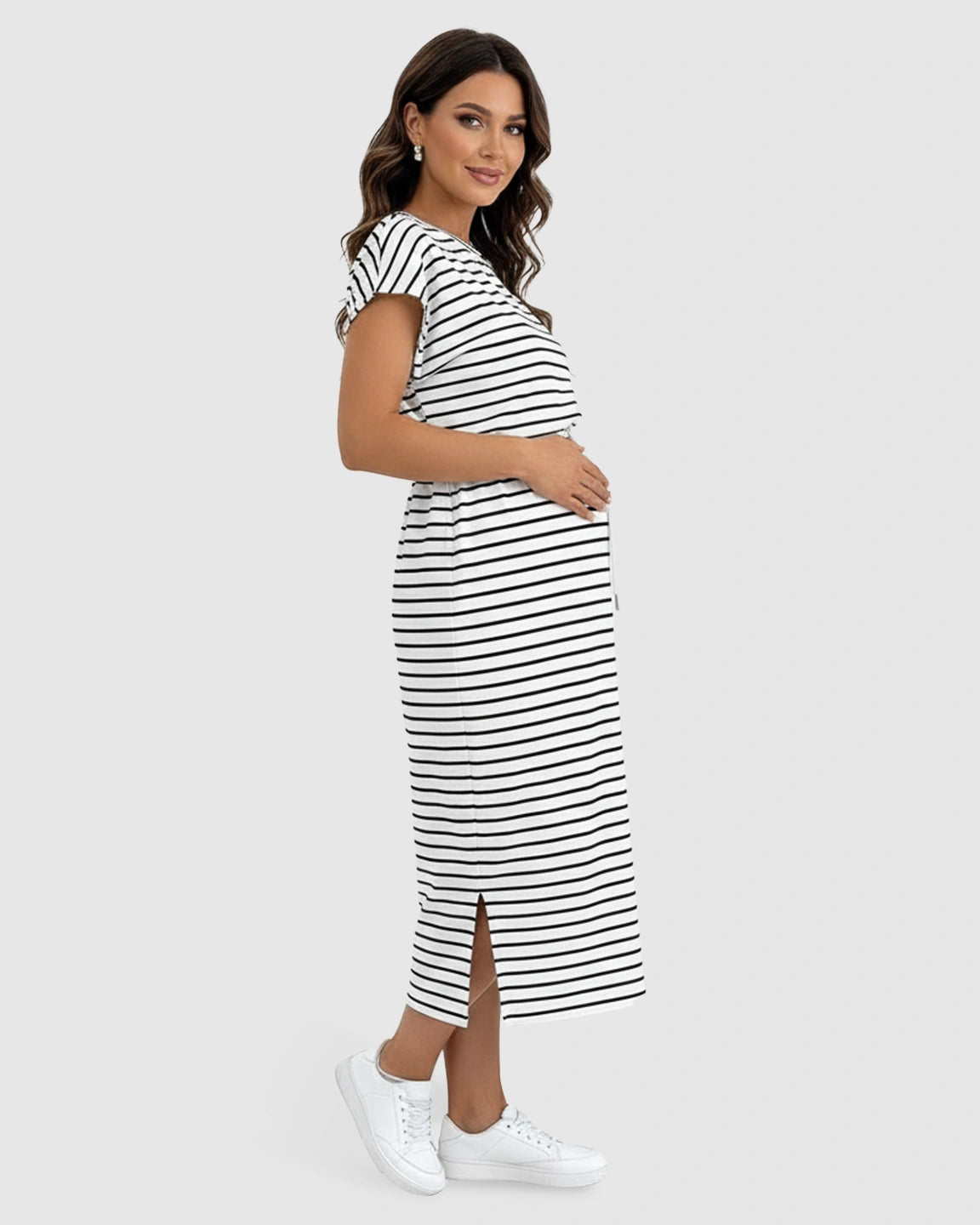 Striped Cap Sleeve Adjustable Maternity Midi Dress