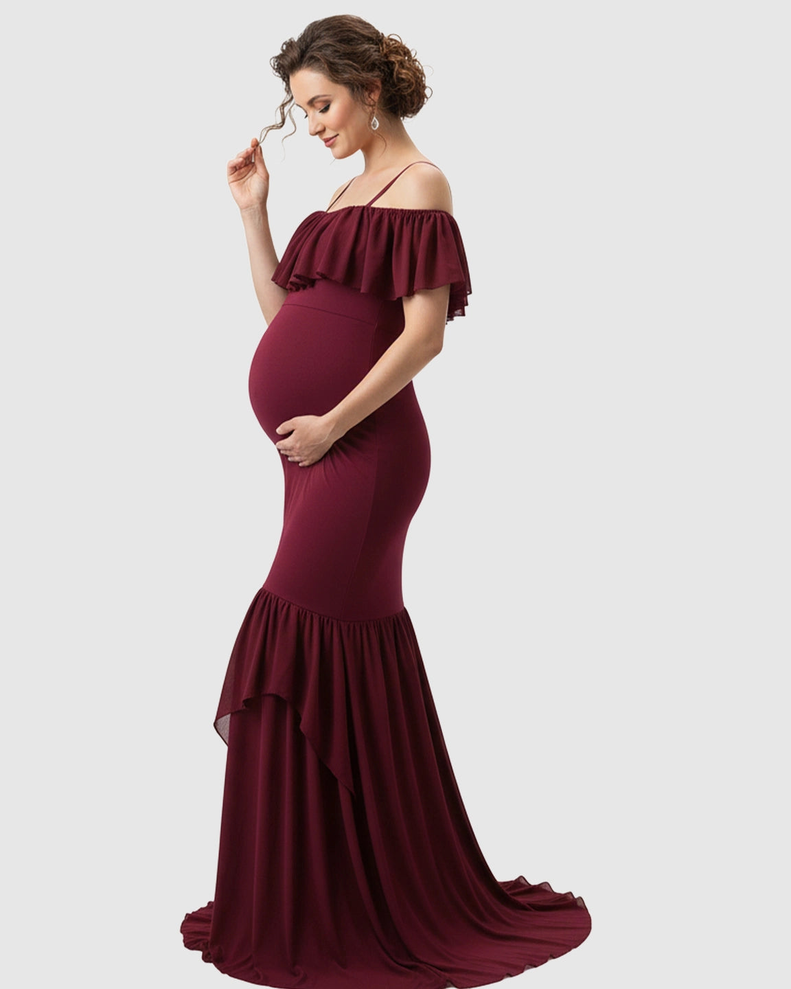 Ruffled Off-Shoulder Mermaid Train Maternity Photoshoot Dress