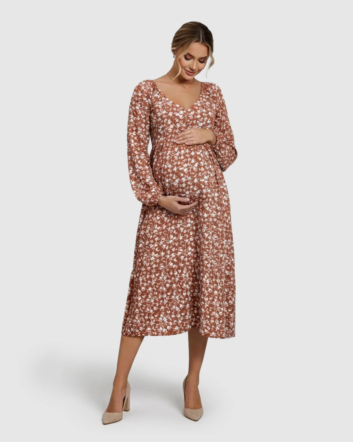 Floral Print Chiffon Flowing Maternity Midi Dress