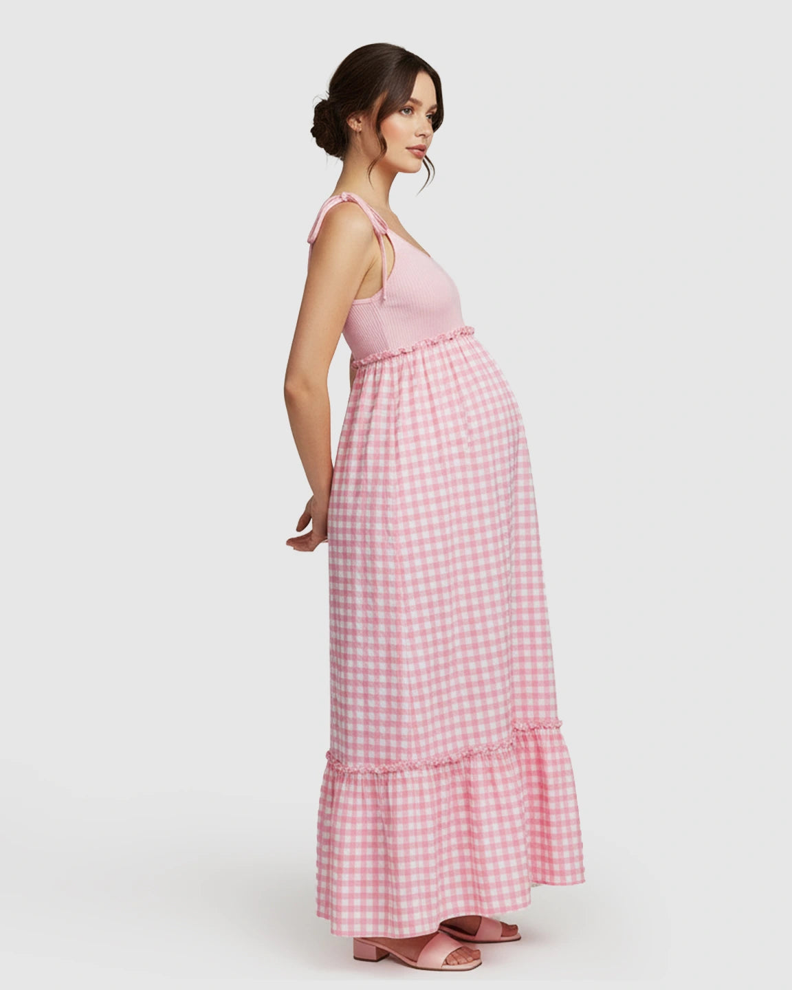 Spaghetti Strap Plaid Patchwork Maternity Maxi Dress