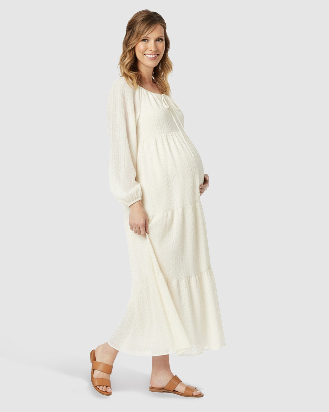 Square Neck Flared Long Sleeve Maternity Dress